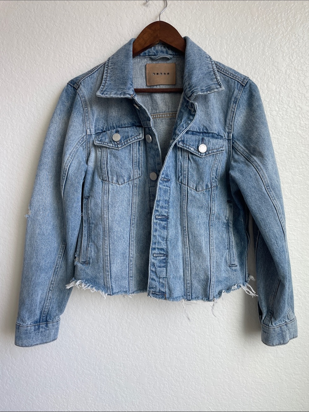 Blank NYC Light Blue Distressed Denim Jacket with Frayed Hem • LARGE